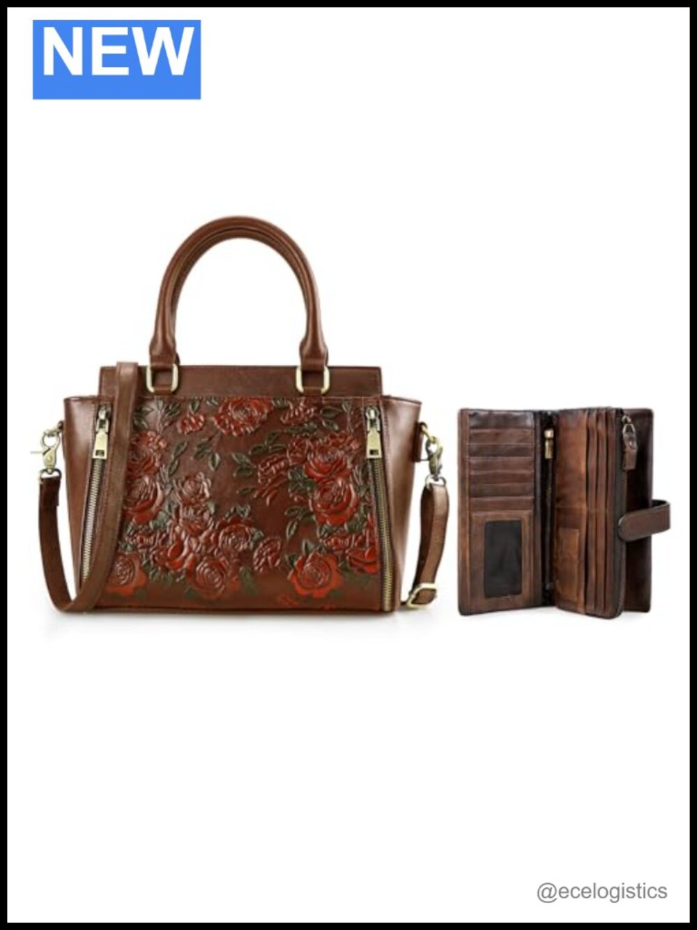 Vintage Embossed Leather Shoulder Tote Bag with RFID Blocking Wallet Set